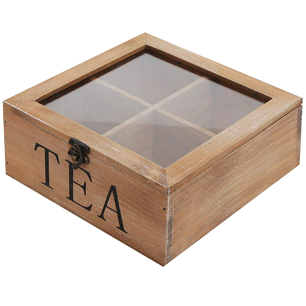 Cheap Rustic Wood Tea Box with Clear Lid Brown